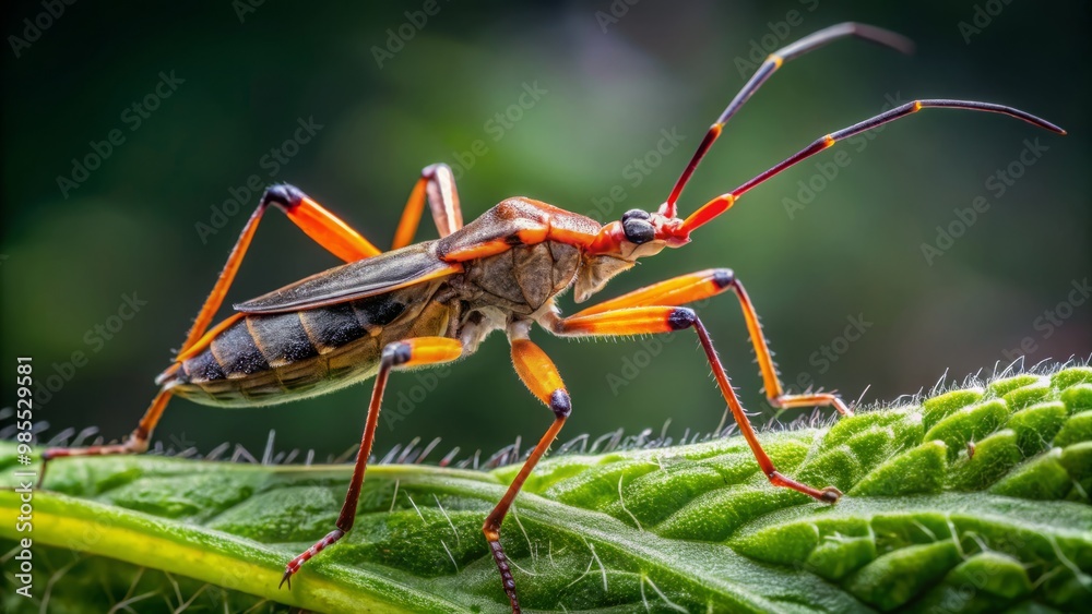 Fototapeta premium Close-up of an assassin bug perched on a leaf, showcasing its distinctive elongated head and raptorial forelegs.