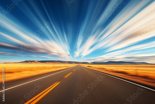 Empty highway outdoors with blue sky and white clouds