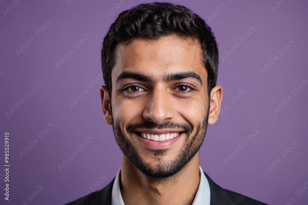 Fototapeta premium Full framed very close face portrait of a smiling young arabic man with violet eyes looking at the camera, studio shot,violet background.