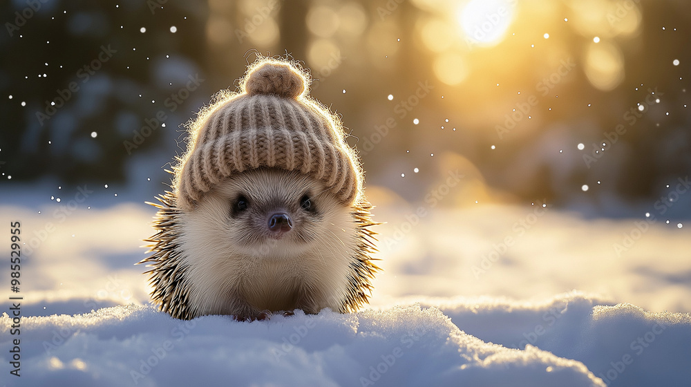 Obraz premium Adorable Hedgehog in a Knitted Hat Nestled in the Snow