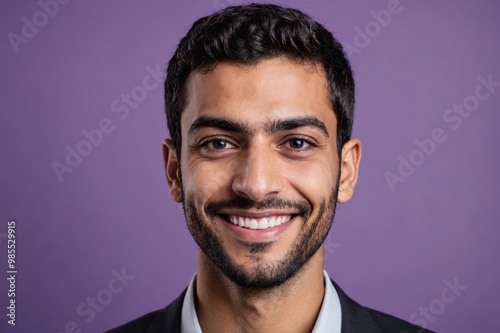 Full framed very close face portrait of a smiling young arabic man with violet eyes looking at the camera, studio shot,violet background.