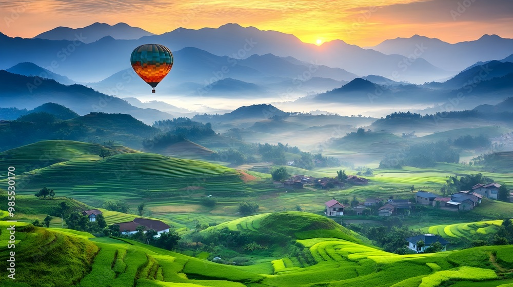 Fototapeta premium A breathtaking view of a hot air balloon soaring over lush green hills during a vibrant sunrise in the mountains.