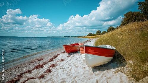 Fototapeta Naklejka Na Ścianę i Meble -  Summertime fishing boats at the Baltic Sea beach