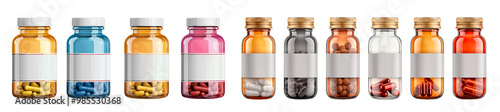 Set of medicine bottles and pills with blank labels, isolated on transparent background
