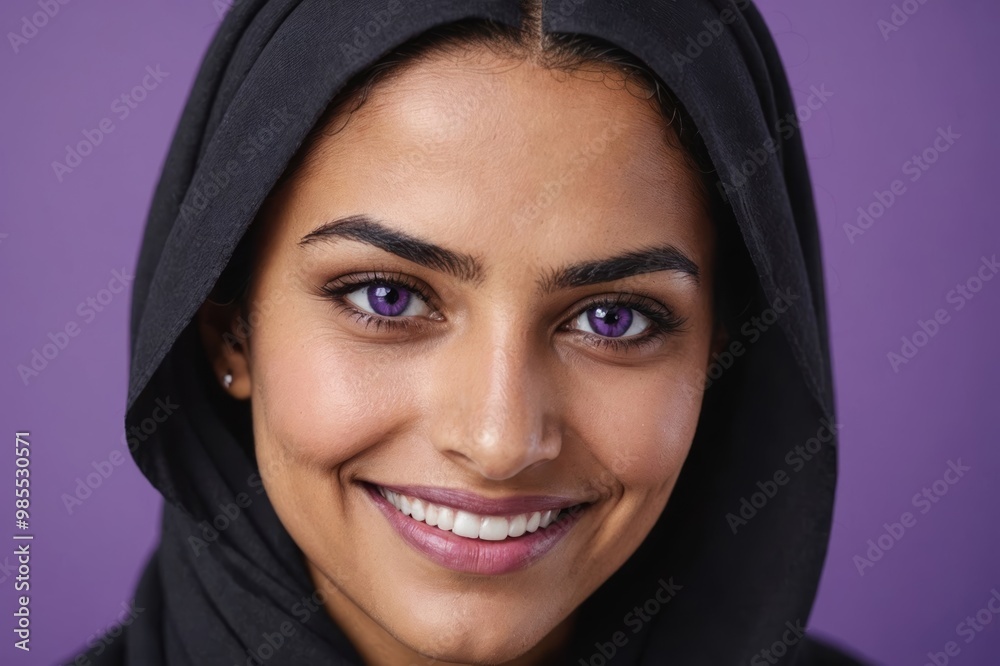 Full framed very close face portrait of a smiling young arabic woman with violet eyes looking at the camera, studio shot,violet background. Full framed very close face portrait of a smiling young arabic woman with violet eyes looking at the camera, studio shot,violet background.