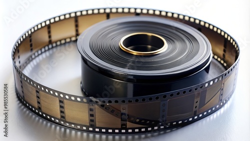 Closeup of a spiral film roll with black film wound onto a central spool photo