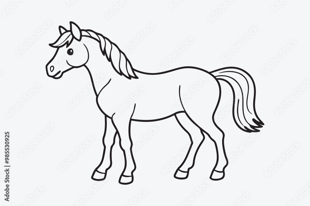 Black line art of a HORSE standing for kids coloring book in white background Black line art of a HORSE standing for kids coloring book in white background