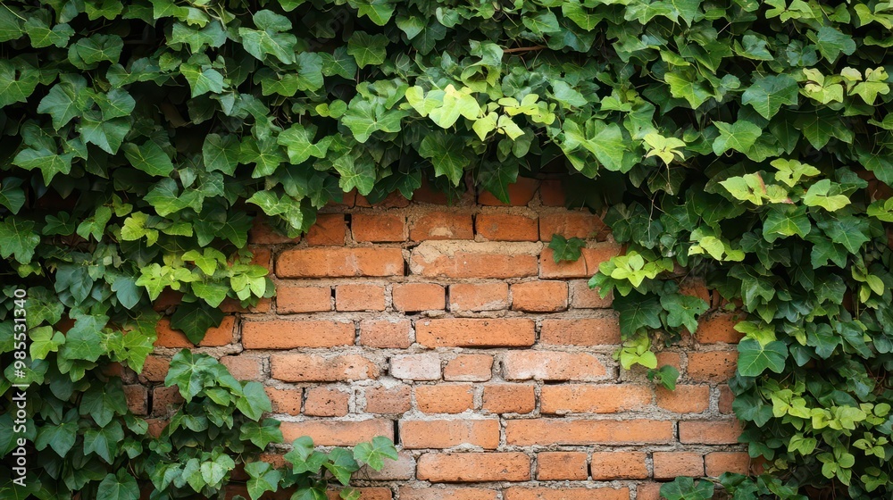 Aged brickwork overtaken by lush vines, a beautiful contrast of textures, Botanical Aged brickwork overtaken by lush vines, a beautiful contrast of textures, Botanical
