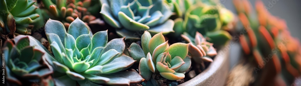 Arrangement of succulents in smooth pottery, focusing on natural textures, Botanical Arrangement of succulents in smooth pottery, focusing on natural textures, Botanical