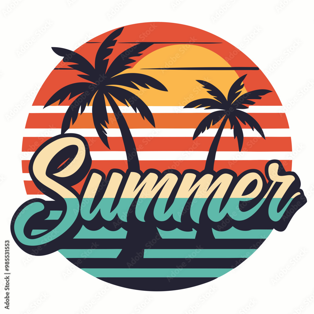 Naklejka premium Vibrant Sunset Summer Beach Logo Design, Creative Sunset Summer Beach Logo,Sunset Summer Beach Logo Ideas,Eye-Catching Sunset Beach Logo,Custom Sunset Summer Beach Logo