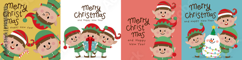 Cute little elf and snowman character set. Christmas holidays cartoon collection. 