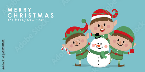 Cute little elf and snowman character set. Christmas holidays cartoon collection. 
