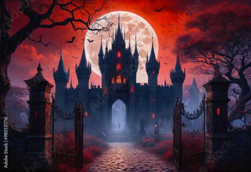 Mysterious Gothic Castle under a Blood Moon.