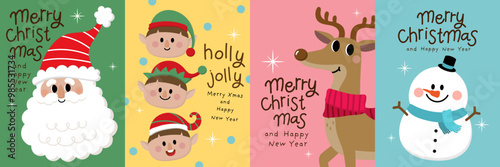 Merry Christmas and happy new year with Santa Claus, snowman, little elf and deer. Holiday cartoon character in winter season. -Vector