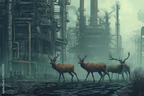 Deer Roaming in Industrial Landscape photo