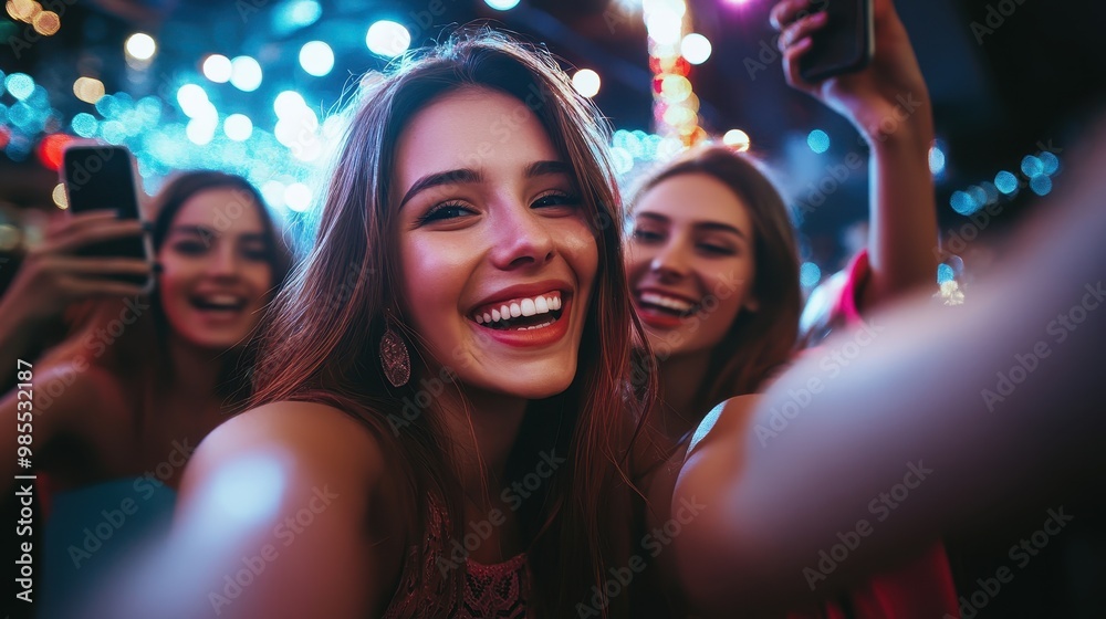 A group of women are smiling and taking pictures of themselves at a party A group of women are smiling and taking pictures of themselves at a party