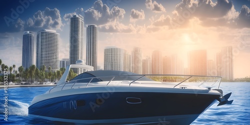 blue white speedboat in miami vice style, deep blue sea, miami skyline, palm trees and warm sunshine