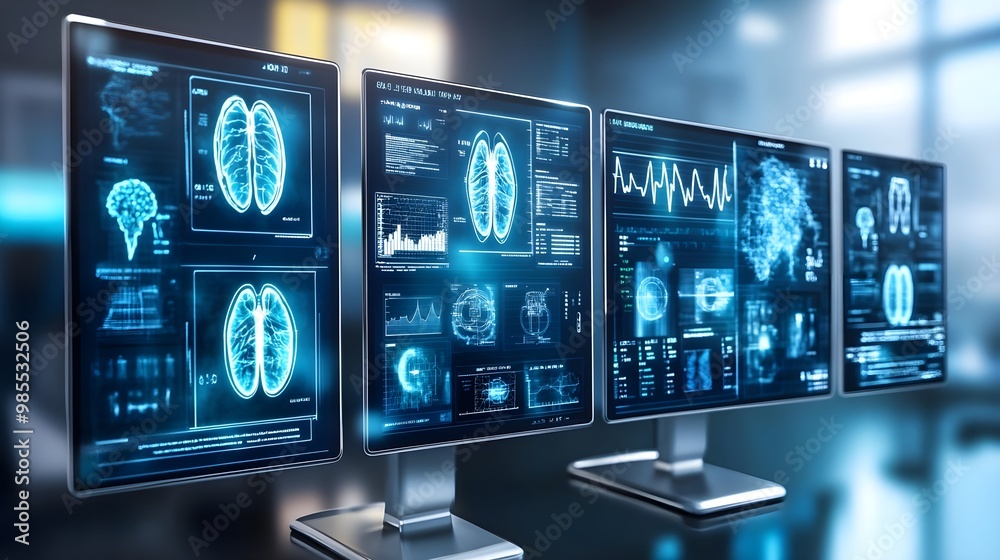 Advanced medical monitors displaying data. Advanced medical monitors displaying data.