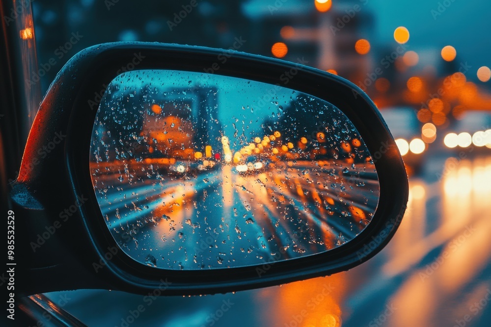 Car rear view mirror with city road reflection Car rear view mirror with city road reflection