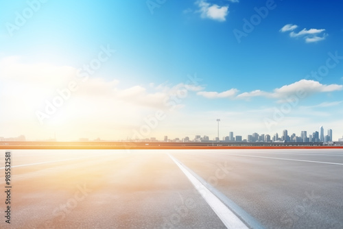 Empty road under a city skyline and blue sky with white clouds