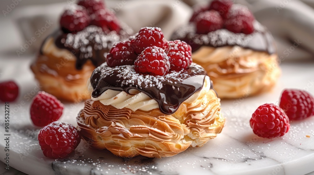 Raspberry and Chocolate Cream Puffs on a Marble Surface. Generative AI. Raspberry and Chocolate Cream Puffs on a Marble Surface. Generative AI.