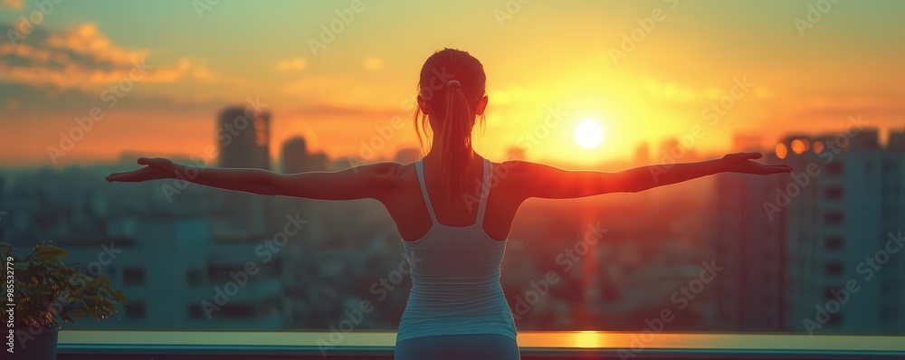 Fototapeta premium Woman stretching with sunrise in the background, Morning routine, Energy boost