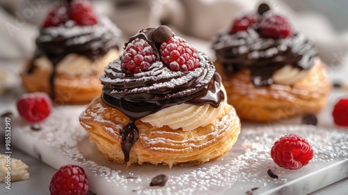 Raspberry and Chocolate Cream Puffs on a Marble Surface. Generative AI.