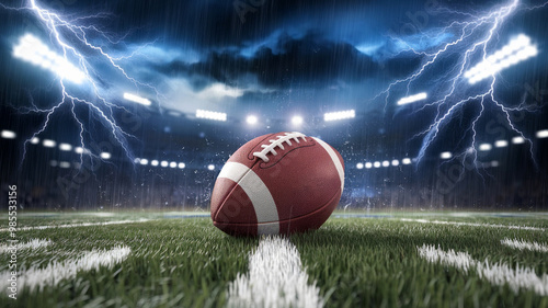 An American football resting on a field under dramatic stormy skies with lightning, illuminated by bright stadium lights.