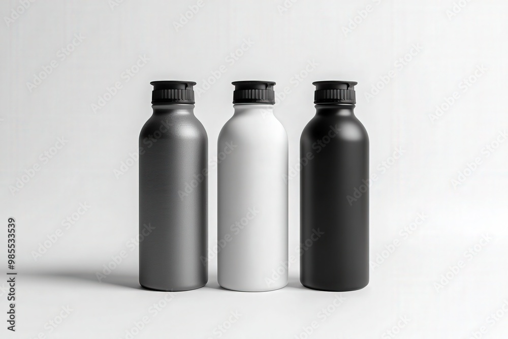 White Gray and Black Thermos Bottles. Aluminium Thermos Bottle on White Background. 3d rendering mockup for your design logo White Gray and Black Thermos Bottles. Aluminium Thermos Bottle on White Background. 3d rendering mockup for your design logo