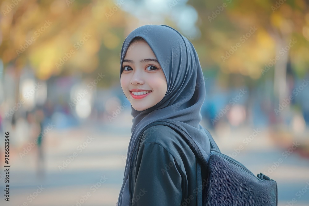 A beautiful girl wearing a hijab is smiling at school Background A beautiful girl wearing a hijab is smiling at school Background