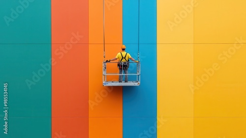 Aerial view of workers painting the exterior of a high-rise building, using suspended platforms to reach tall surfaces High-rise painting, Building renovation photo