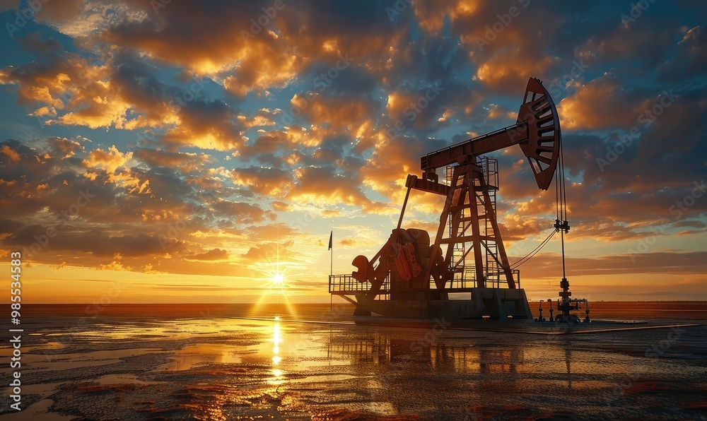 Silhouette of an oil pump jack operating in a reflective puddle against a fiery sunset sky. Silhouette of an oil pump jack operating in a reflective puddle against a fiery sunset sky.