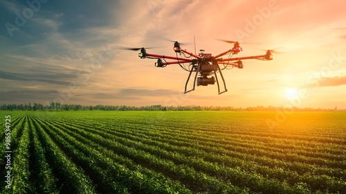 A drone flying over a lush green field during sunset, showcasing modern agricultural technology and serene landscapes.