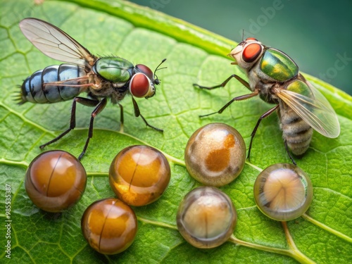 Close-up of various stages of a fly's life cycle, from egg to adult, on a leaf