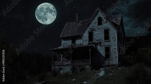 A haunting sight emerges as the full moon illuminates the haunted house, its cracked roof and boarded-up windows shrouded in an eerie glow.