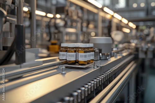 A visual of a labeling machine applying labels to products on a production line