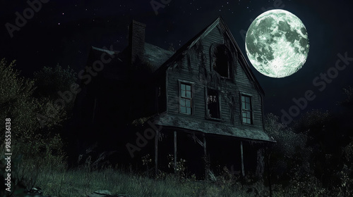 The full moon casts an ethereal light on the haunted house, emphasizing its cracked roof and boarded windows, enhancing its ghostly allure.