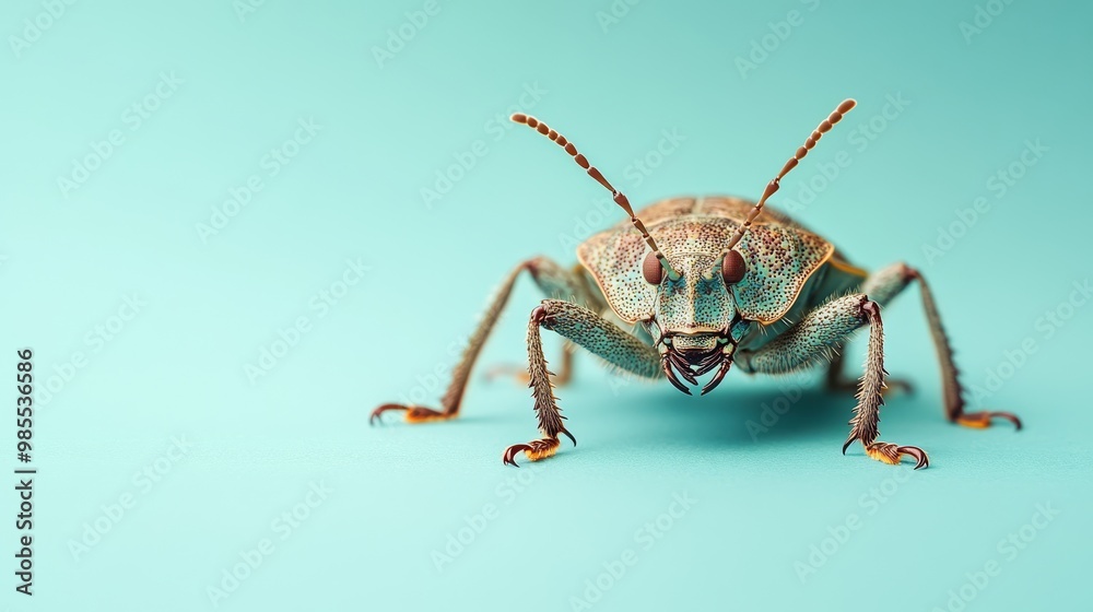 The brown marmorated stink bug is shown in a medium closeup, displaying its intricate features against a soft pastel background, highlighting its natural colors and textures The brown marmorated stink bug is shown in a medium closeup, displaying its intricate features against a soft pastel background, highlighting its natural colors and textures