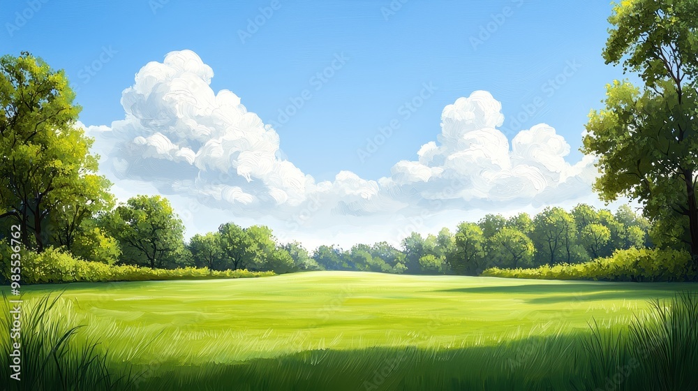 Naklejka premium Serene Landscape with Blue Sky and Lush Greenery