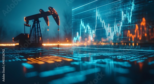 Saudi economic development, quality of oil extraction tools and equipment, sale and export of underground resources, oil and gas exploration machines, electronic screen with symbols and statistical.