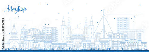 Outline Maykop Russia city skyline with blue buildings. Maykop cityscape with landmarks. Business travel and tourism concept with modern and historic architecture.