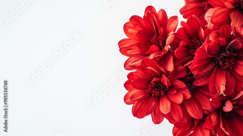 Fototapeta Naklejka Na Ścianę i Meble -  Bright red flowers are beautifully arranged on a clean white background, creating an eye-catching contrast that accentuates their vibrant hues and natural beauty