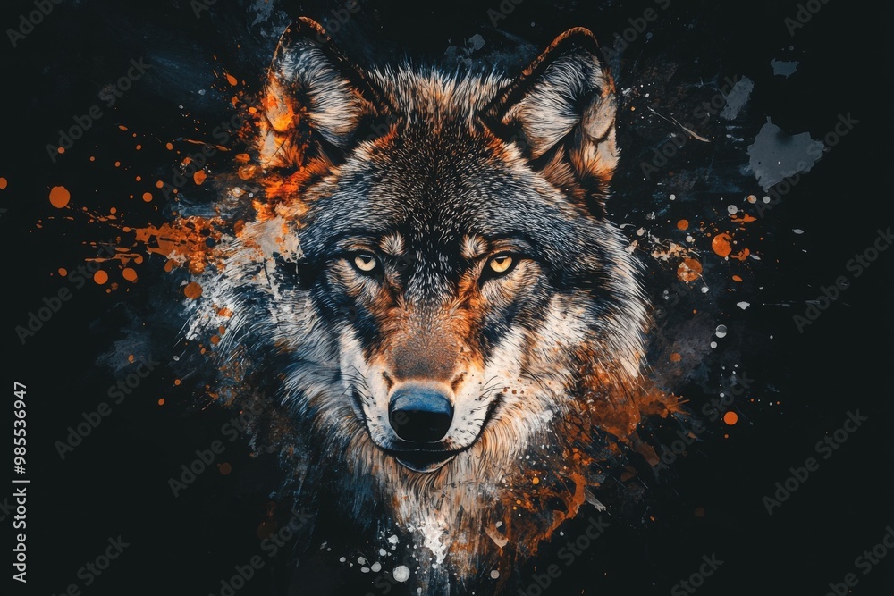 Illustration of a wolf head with paint splashes on a black background Illustration of a wolf head with paint splashes on a black background