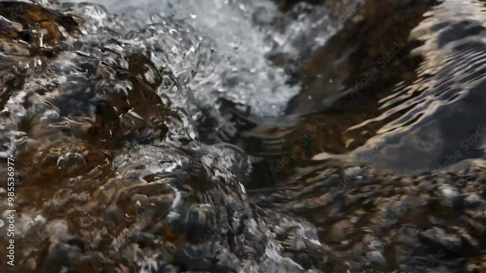 A serene view of water flowing through a mountain stream, captured in slow motion. The gentle ripples and smooth movement of the water create a calming and peaceful natural scene.