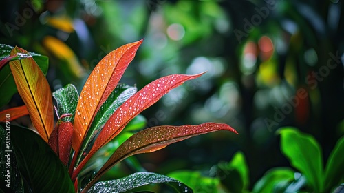 Tropical leaves in vibrant red and green hues in a lush forest setting, capturing a serene moment with a dewdrop, ideal for copy space. photo