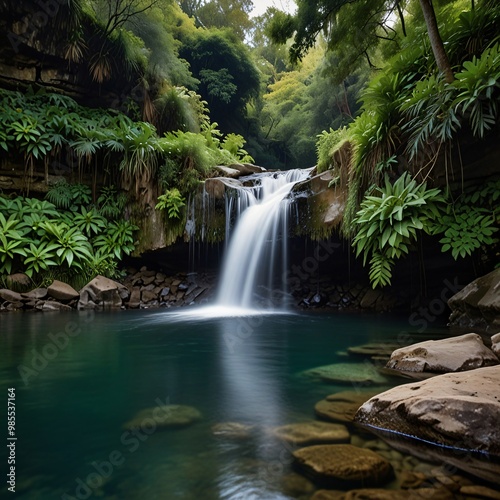 A picturesque waterfall cascading down a rocky cliff into a clear pool below, surrounded by lush greenery 