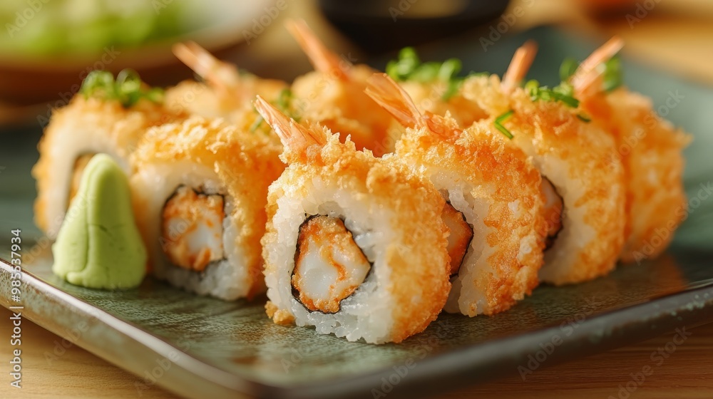 A plate is artfully arranged with crispy battered shrimp tempura rolls, garnished with fresh ginger and wasabi, creating an inviting culinary experience A plate is artfully arranged with crispy battered shrimp tempura rolls, garnished with fresh ginger and wasabi, creating an inviting culinary experience