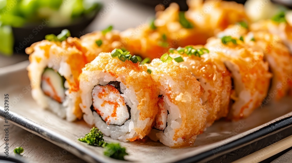 A plate features crispy battered shrimp tempura rolls, beautifully garnished with fresh ginger and wasabi, perfect for sushi lovers in a quiet dining setting A plate features crispy battered shrimp tempura rolls, beautifully garnished with fresh ginger and wasabi, perfect for sushi lovers in a quiet dining setting