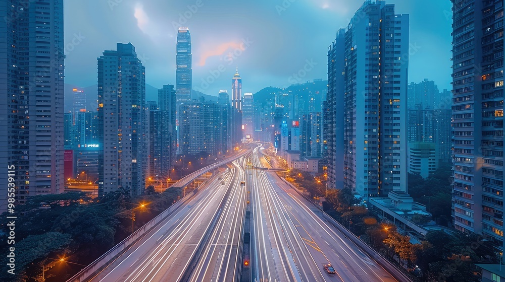 Fototapeta premium Time-lapse of a bustling city from day to night, skyscrapers, traffic movement, changing sky. Generative AI.