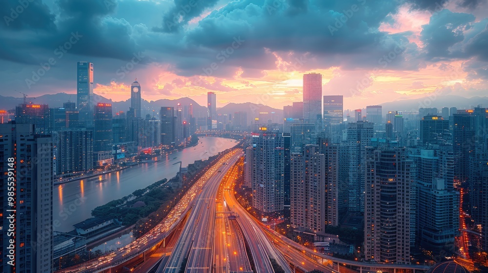 Fototapeta premium Time-lapse of a bustling city from day to night, skyscrapers, traffic movement, changing sky. Generative AI.